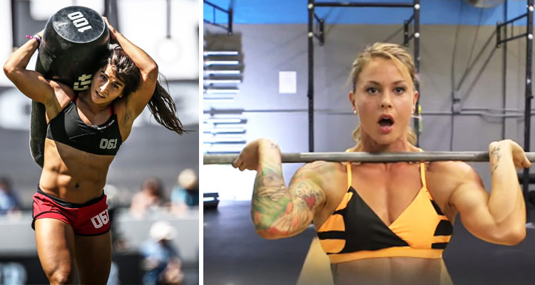 A unique picture showing Lauren Fisher performing in CrossFit games, next to Christmas Abbott who is performing clean and jerks.