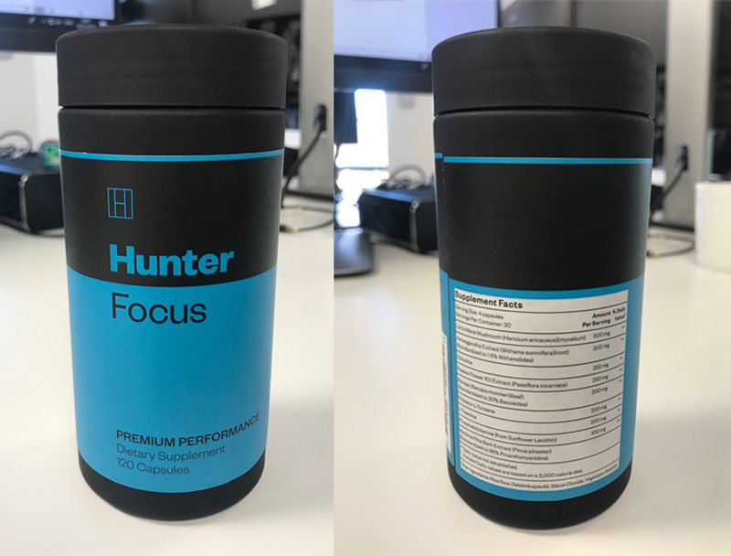 the front and back of a Hunter Focus bottle - Hunter Focus review