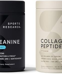 Sports Research Collagen Peptides Hydrolyzed Type 1 & 3 Powder Protein Supplement Easy Mixing Vital Nutrients & Proteins and Double Strength L-Theanine Supplement for Focus- Relaxation & Alertness