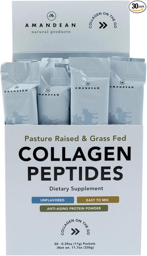 AMANDEAN Collagen Peptides Powder Packets | 30 Individual Stick Packs | Grass-Fed Hydrolyzed Collagen Protein | Unflavored- Easy to Mix | Travel Friendly | Promotes Healthy Gut