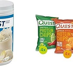Quest Protein Powder & Chips Bundle – Vanilla Milkshake Powder (24g Protein- 1.6lb) + Tortilla Chips Variety Pack (12ct)