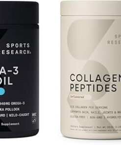 Sports Research Triple Strength Omega 3 Fish Oil 1250mg Burpless Supplement with Omega3s EPA & DHA Non-GMO- Gluten Free and Collagen Peptides for All Genders Hydrolyzed Type 1 & 3 Powder Protein