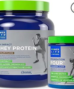 POWERLIFE Tony Horton High Impact Grass Fed Whey Protein with 3000 MG of HMB (Chocolate – New Formula) + Foundation Four Greens Drink with Pre & Pro Biotics- Essential Magnesium (Strawberry)