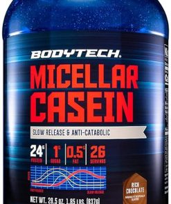 BodyTech Micellar Casein Protein Powder- Slow Release for Overnight Muscle Recovery – 24 Grams of Protein per Serving – Rich Chocolate (2 Pound)