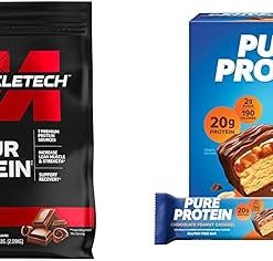 Muscletech Whey Protein Powder Bundle Phase8 4.6lb Chocolate Protein Powder + Pure Protein Chocolate Peanut Caramel Protein Bars 12 Count