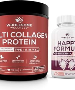 Wholesome Wellness Multi Collagen Protein Powder Hydrolyzed (Type I II III V X) Happy Formula Natural Stress Formula Relief Supplement Bundle