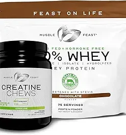 Muscle Feast 100% Whey + Creatine Candy Bundle: 1 100% Whey Protein (Chocolate- 5lb) + 1 Creatine Candy (Lemon Lime