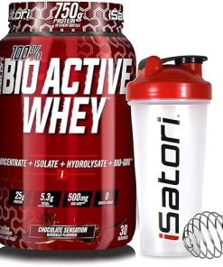 iSatori Bio-Active Whey Powder Chocolate Sensation (30 Servings) & iSatori Classic Blender Bottle (Clear Bottle with Red Top)