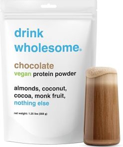 drink wholesome Vegan Chocolate Almond Protein Powder | for Sensitive Stomachs | Gut Friendly | No Artificial Sweeteners | No Stevia | Low Sodium | Paleo | Safe for Kids & Seniors