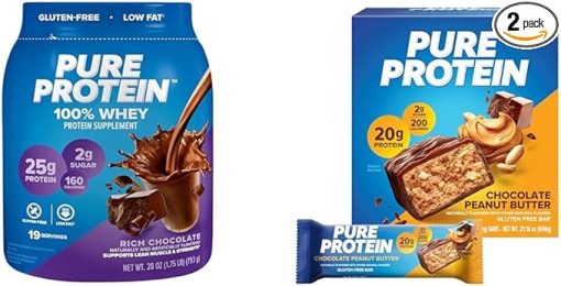 Pure Protein Whey Protein Powder 25g Protein 1.75lb + Protein Bars 20g Protein 12 Count Chocolate Peanut Butter