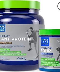 POWERLIFE Tony Horton High Impact Plant Protein Powder with 3000 MG of HMB (Chocolate – New Formula) Foundation Four Greens Drink with Pre & Pro Biotics- Essential Magnesium (Strawberry)