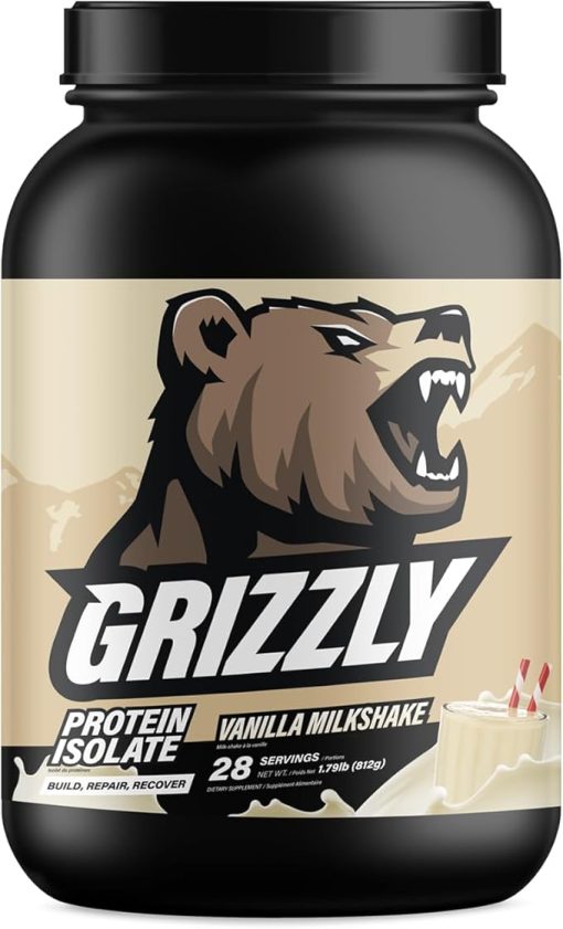 Grizzly Whey Isolate 25g Protein Powder Vanilla Protein Shake - 5.5g BCAAs for Growth & Muscle Recovery - 89% Whey Protein Per Serving - Post Workout- Muscle Builder for Men & Women - 28 Servings