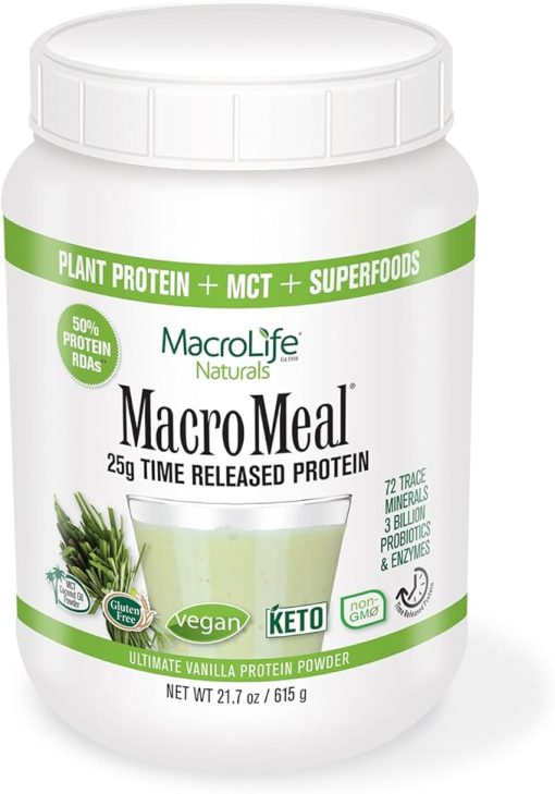 MacroLife Naturals MacroMeal Vegan Protein Powder Superfood Greens Probiotics + Fiber- Immune Energy Digestive Daily Essentials for Women & Men Gluten-Free - (15 Servings) (15 Servings