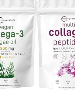 Micro Ingredients Multi Collagen Protein Powder 16oz & Vegan Omega 3 Algae Oil Supplement Bundle 2 Pack | Grass-Fed Collagen Peptides | Omega