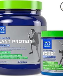 POWERLIFE Tony Horton High Impact Plant Protein Powder with 3000 MG of HMB (Vanilla – New Formula) Foundation Four Greens Drink with Pre & Pro Biotics- Essential Magnesium (Strawberry)