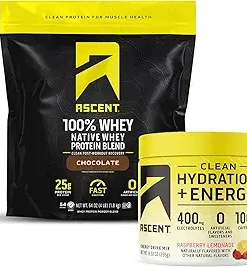 Ascent 100% Whey Protein Powder- Chocolate 4 lb & Hydration + Energy Electrolytes