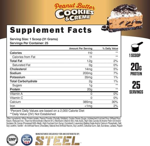 Steel Supplements Whey-ISO | Whey Protein Isolate Powder- Peanut Butter Cookies & Creme | 25 Servings (1.71lbs) | Complete Protein Source | BCAA & Essential Amino Acids | Easy Digestion | Low Carb - Image 2
