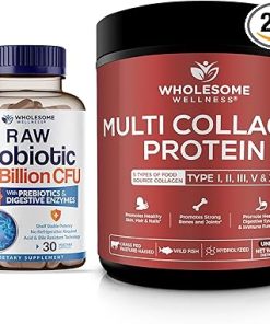 Wholesome Wellness Organic Probiotics 100 Billion CFU- Dr Formulated for Women and Men + Multi Collagen Protein Powder Hydrolyzed (Type I II III V X) Bundle