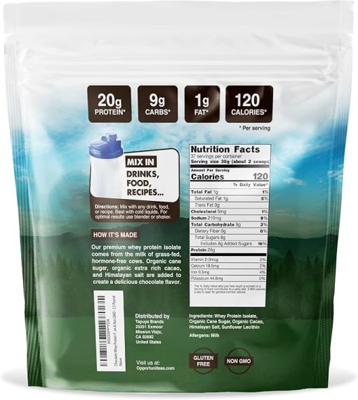 Opportuniteas Grass Fed Chocolate Whey Protein Isolate Powder - 20g Protein Powder Without Artificial Sweeteners- Hormone-Free Cows - Image 2