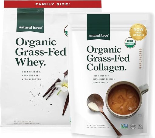 Natural Force Grass Fed Organic Whey Protein Powder Vanilla Flavor 5 lb Organic Clean Collagen Peptides Powder Unflavored- 10.7oz