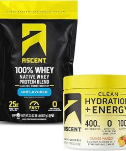 Ascent 100% Whey Protein Powder- Unflavored 2 lb & Hydration + Energy Electrolytes