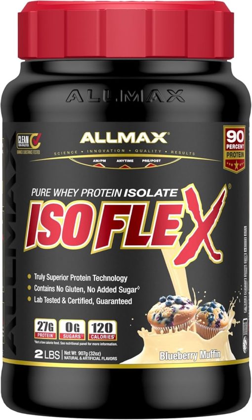 ALLMAX ISOFLEX Whey Protein Isolate- Blueberry Muffin - 2 lb - 27 Grams of Protein Per Scoop - Zero Fat & Sugar - 99% Lactose Free - Gluten Free & Soy Free - Approx. 30 Servings