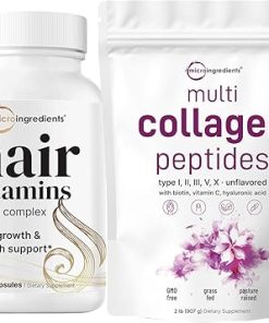 Micro Ingredients Multi Collagen Protein Powder 2 Pounds & Hair Vitamins Complex Capsules Bundle Pack | Grass-Fed Collagen Peptides | 14