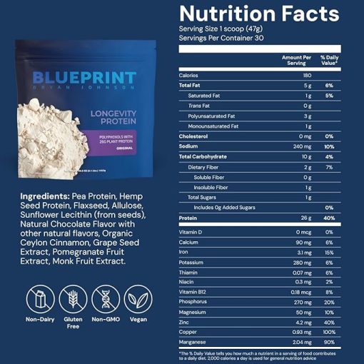 Blueprint Bryan Johnson Longevity Protein - 26G Plant Protein- Non Dairy - Grape Seed Extract - 7.5% Flavanols - Heavy Metal Tested - Vegan - Image 2
