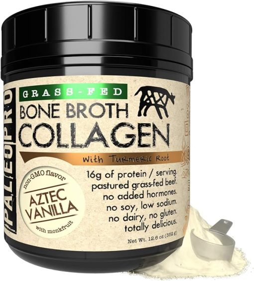PaleoPro Bone Broth Collagen w/Turmeric Root (Aztec Vanilla) Grass-Fed & Pastured Beef Collagen | Gluten Free- Dairy Free