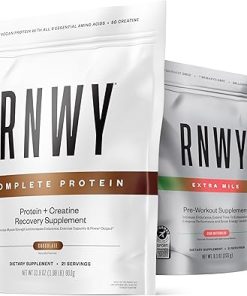 RNWY Chocolate Protein Powder Sour Watermelon Extra Mile Stim Free Preworkout Powder Bundle- 25g Vegan Protein
