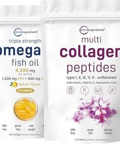 Micro Ingredients Multi Collagen Protein Powder 16oz & Omega-3 Fish Oil 4-200 mg Softgels Bundle 2 Pack | Grass-Fed Collagen Peptides | Wild-Caught Fish