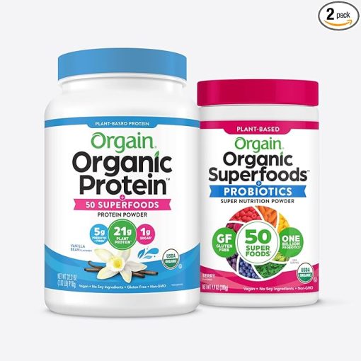 Orgain Organic Protein + Superfoods Powder (Vanilla Bean) and Orgain Organic Greens Powder + 50 Superfoods (Berry)