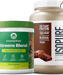 Bundle of Amazing Grass Greens Superfood Powder: Original- 30 Servings + Isopure Chocolate Vegan Protein Powder