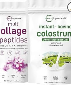 Micro Ingredients Multi Collagen Protein Powder 16oz & Instant Colostrum Powder Bundle 2 Pack | Grass-Fed Collagen Peptides | Premium Bovine Mother’s First Milk