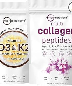 Micro Ingredients Vitamin D3 10-000iu + K2 200mcg Coconut Oil Softgels & Multi Collagen Protein Powder Bundle 2 Pack | Essential Sunshine Vitamins | Grass-Fed Collagen Peptides