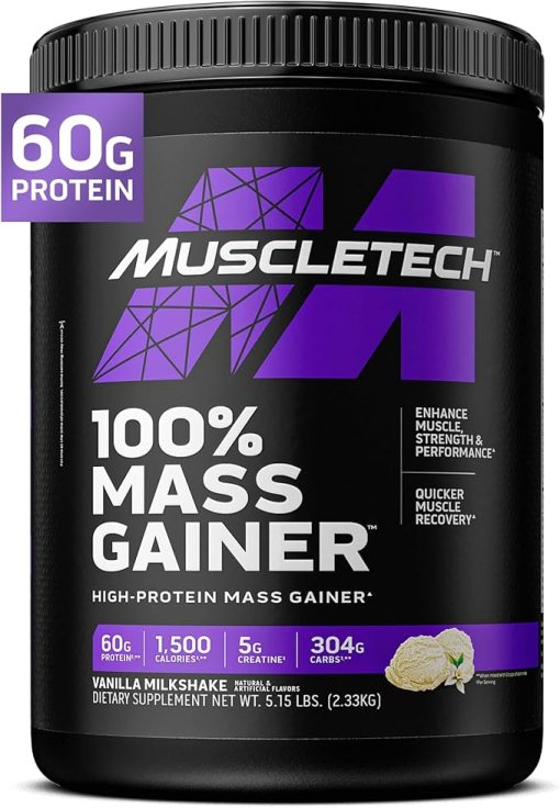 MuscleTech High Protein Mass Gainer for Men & Women - Protein Powder Shakes for Weight Gain- Muscle Building & Recovery with Creatine Monohydrate - Vanilla Milkshake