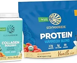 Sunwarrior Vegan Protein Powder Warrior Blend Vanilla 90 Servings & Vanilla Collagen Building Powder 40 Servings