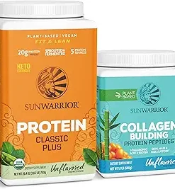 Sunwarrior Vegan Protein Powder | USDA Organic Plant-Based | Unflavored- 30 Servings & Collagen Building Powder Plant-Based | Unflavored