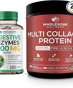 Wholesome Wellness Digestive Enzymes 1000MG Plus Prebiotics & Probiotics Supplement + Multi Collagen Protein Powder Hydrolyzed (Type I II III V X) Bundle