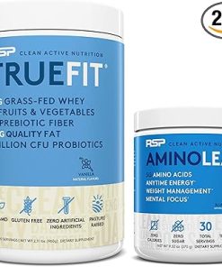 AminoLean Pre Workout Energy (Blue Raspberry 30 Servings) with TrueFit Protein Powder (Vanilla 2 LB)
