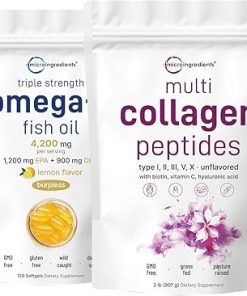 Micro Ingredients Multi Collagen Protein Powder 2 Pounds & Omega-3 Fish Oil 4-200 mg Softgels Bundle 2 Pack | Grass-Fed Collagen Peptides | Wild-Caught Fish