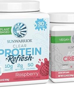 Sunwarrior Clear Protein Powder | Vegan Plant-Based Protein 30 Servings- Raspberry Flavored & Creatine Monohydrate Powder | 50 Servings
