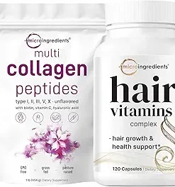 Micro Ingredients Multi Collagen Protein Powder 16oz & Hair Vitamins Complex Capsules Bundle 2 Pack | Grass-Fed Collagen Peptides | 14