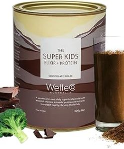 WelleCo The Super Kids Elixir Vegan Protein Powder Chocolate Shake with Prebiotics and Probiotics- Real Fruits & Veggies