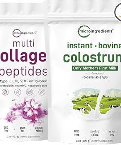 Micro Ingredients Multi Collagen Protein Powder 2 Pounds & Instant Colostrum Powder Bundle 2 Pack | Grass-Fed Collagen Peptides | Premium Bovine Mother’s First Milk