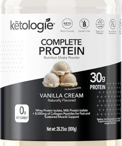 Complete Protein Keto Shake (Vanilla Cream) – 30g Protein with Whey & Milk Protein Isolate- Grass-Fed Hydrolyzed Collagen