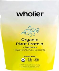 wholier Organic Plant Protein + Prebiotics. 21g of Vegan Protein. 5g of Fiber. Psyllium Husk + Green Banana for Digestion. No Natural Flavors- Gums or Fillers. Vanilla Bean