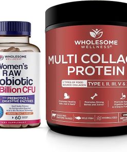 Wholesome Wellness Probiotics for Women 100 Billion CFUs with Prebiotics- Digestive Enzymes + Multi Collagen Protein Powder Hydrolyzed (Type I II III V X) Bundle
