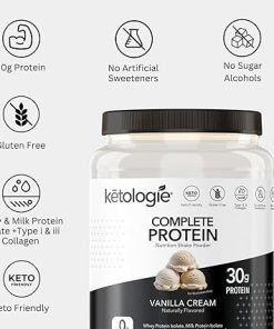 Complete Protein Keto Shake (Vanilla Cream) – 30g Protein with Whey & Milk Protein Isolate- Grass-Fed Hydrolyzed Collagen 2