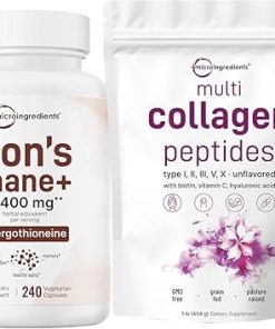Micro Ingredients Multi Collagen Protein Powder 16oz & Lions Mane Supplement 240 Veggie Capsules Bundle 2 Pack | Grass-Fed Collagen Peptides | Superfood Mushroom Antioxidants with L